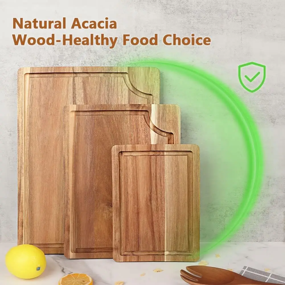 Acacia Wood Cutting Board Set with Juice Groove (3 Pieces)  for kitchen, Butcher Block Cutting Board for Meat, Vegetable