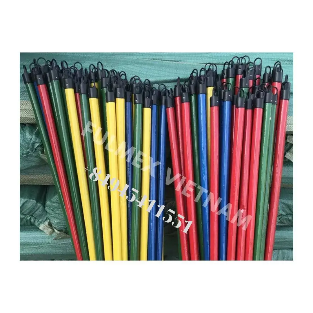 Wholesale Vietnam colorful coated wooden broom stick 120cm length colored PVC pipe, manufacturer plastic mop stick handle