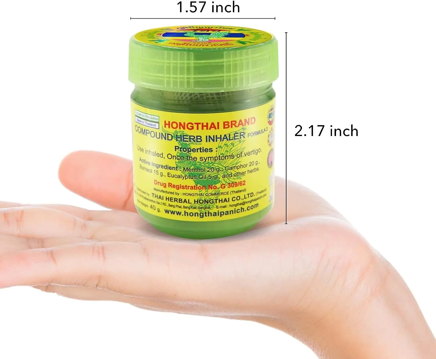HONGTHAI Brand Compound Herb Inhaler Formular2 40g Use inhaled, Once the symptoms of vertigo
