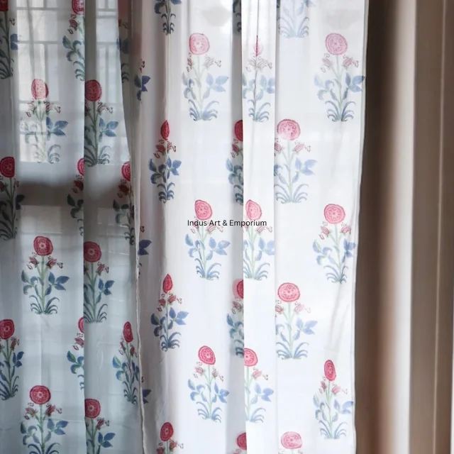 Floral hand block printed cotton window curtain drapes balcony bedroom window valance treatment blinds
