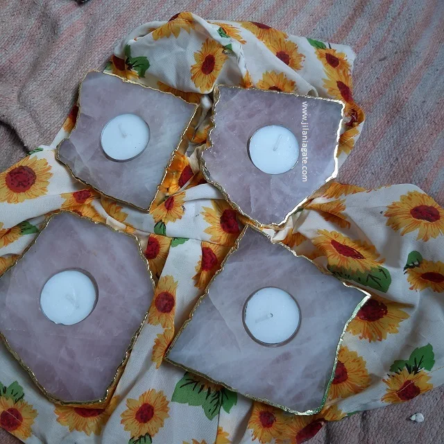 Hot Sale Luxury Modern Rose Quartz Agate Stone Pink Rose Candle Holder Gold Platting Semi-Precious Stone For Wedding Home Decor