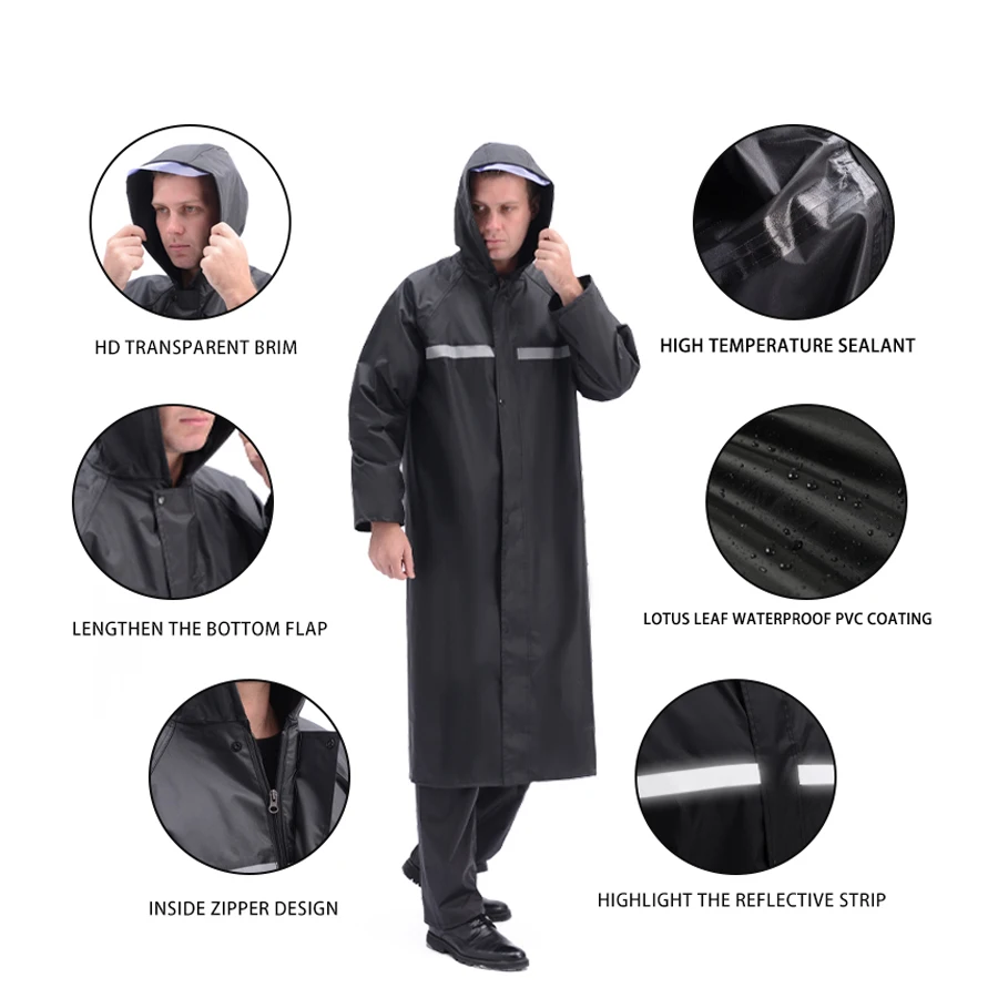 Men Black Long Rain Jacket Waterproof Raincoat Outdoor Trench Jacket Hooded Safety Long Rain Coat Breathable Raincoat