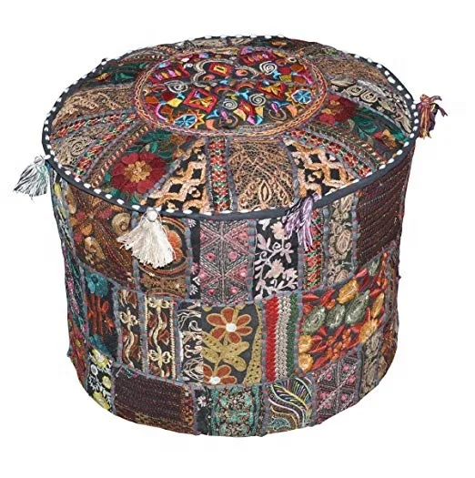 Indian Traditional Round Ottoman Pouf Handmade Stool Pouf Foldable Adjustable for Home Living Room Kitchen Gym Use