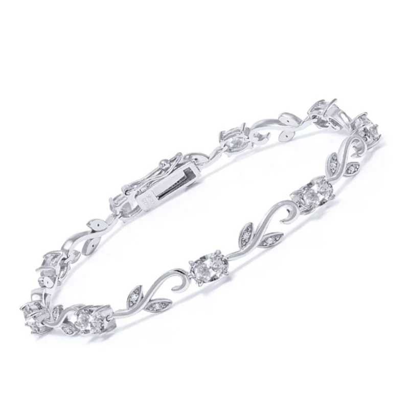 925 Sterling Silver White Gold Plated Oval Zircon Greek Vine Tennis Bracelet For Women