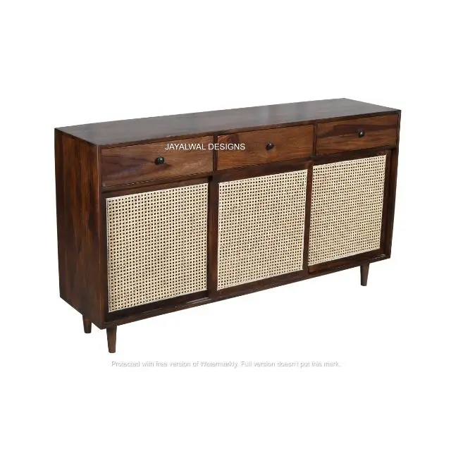 Hot Selling Natural Rattan Cabinet Large Wooden Buffet Sideboard Storage Cabinet with Metal Legs