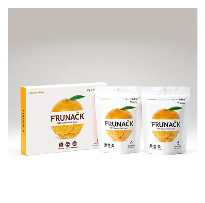 FRUNACK JEJU MANDARIN ORANGE that is a premium dried fruit snack capturing fresh taste,flavor,and texture of 100% Jeju mandarin