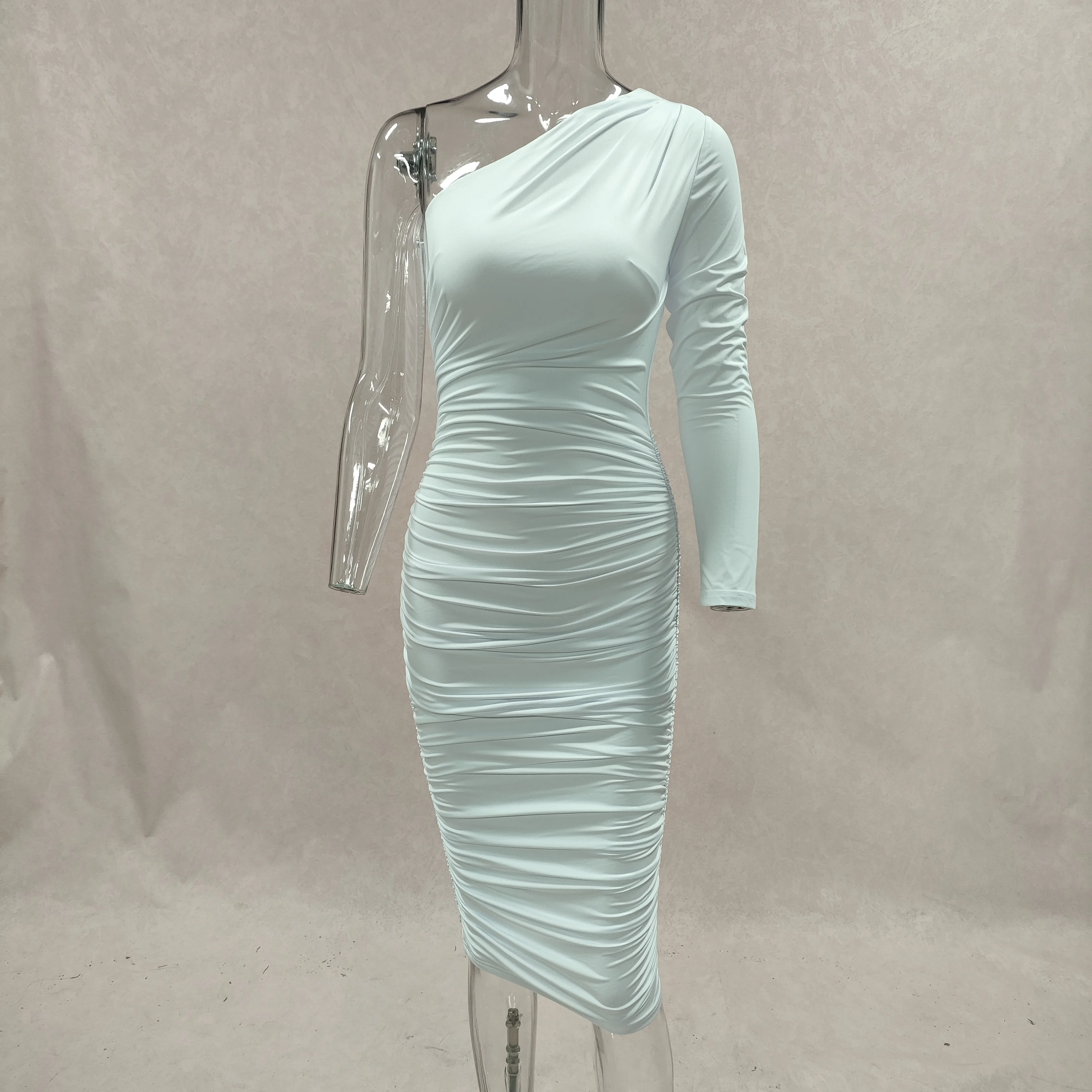 New fashion design one shoulder long sleeve bodycon ruched elegant gowns for women evening club dresses