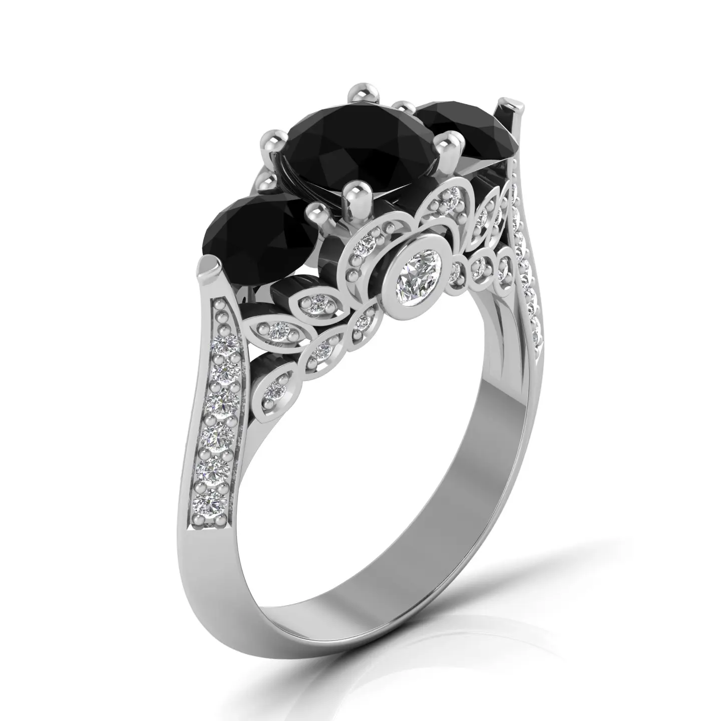 White Gold Ladies ring with Black and white Natural Diamond 14Kt white Gold Wedding Engagement ring Fine Jewelry