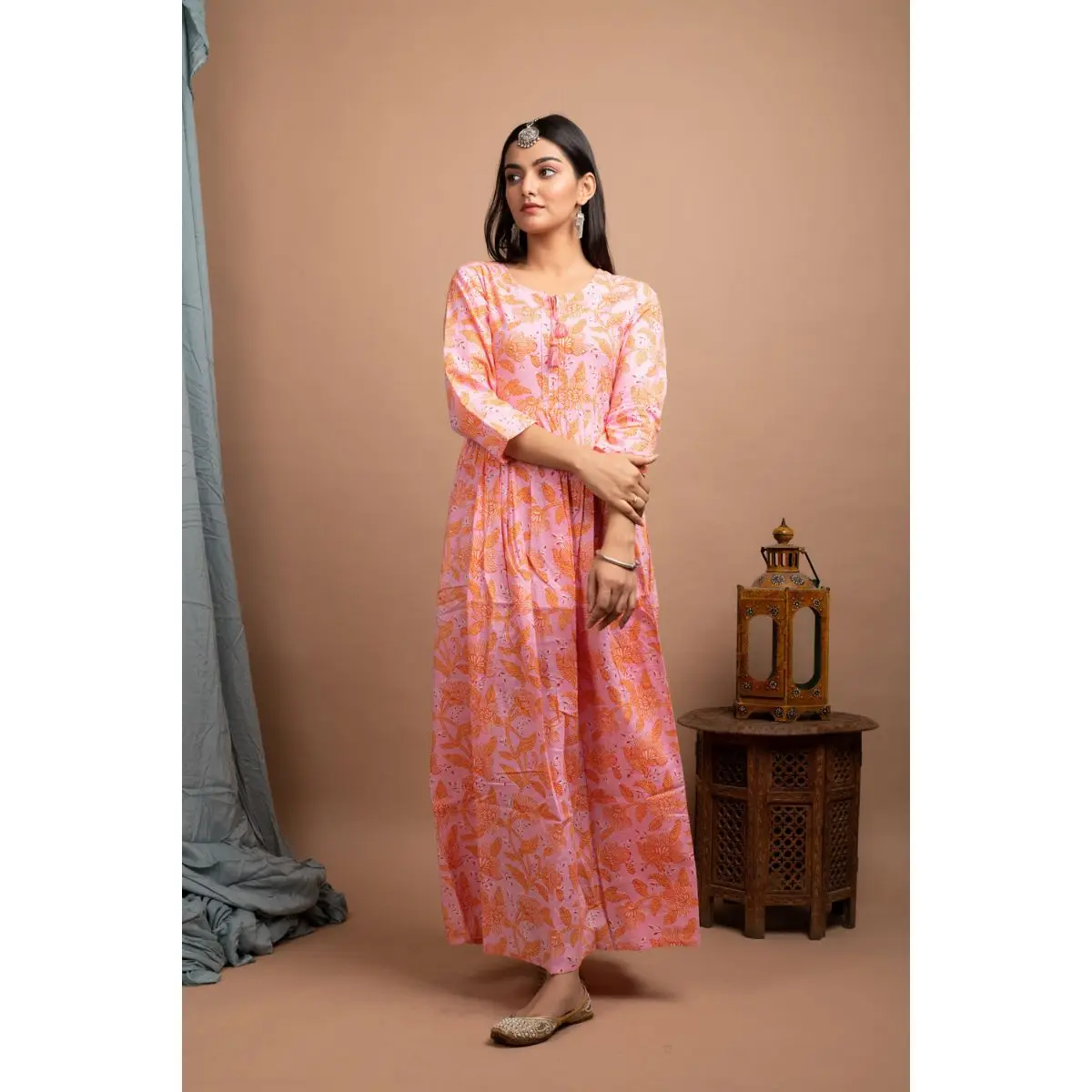 Индийское высококачественное дизайнерское длинное платье Kurti kurta из хлопка розового цвета с принтом для женщин
