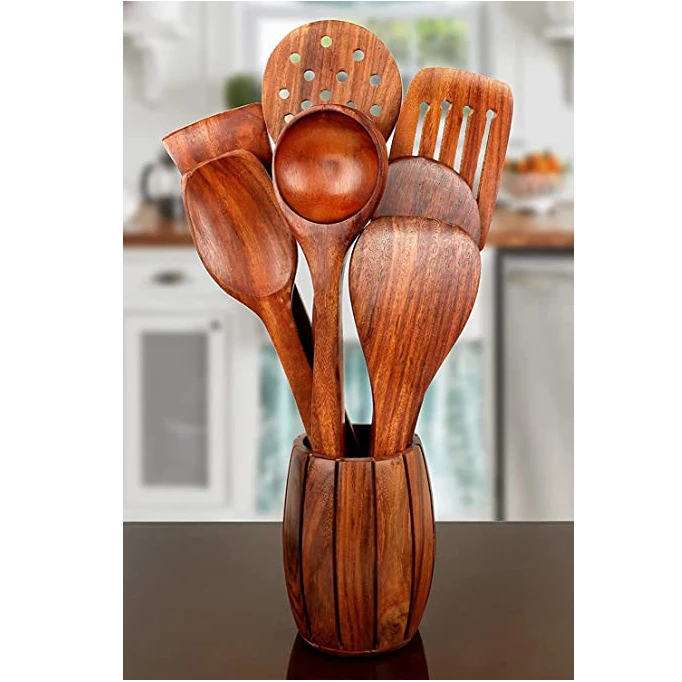 Export Quality Mango Wooden Cooking Spoon & Spetula Set Kitchen Tools Shiny Polish Handmade Dinner Serving For Home & Kitchen