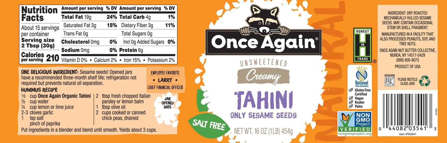 Premium Quality Sesame Tahini Packed into 16oz Jar Case of 6 Salt Free Unsweetened Gluten Free Certified Vegan