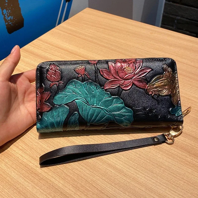 Clutches For Women 3d Flower Clutch Money Bag Coin Pocket Lotus Pattern Wristlet Cards Holder Clip Women Leather Wallet