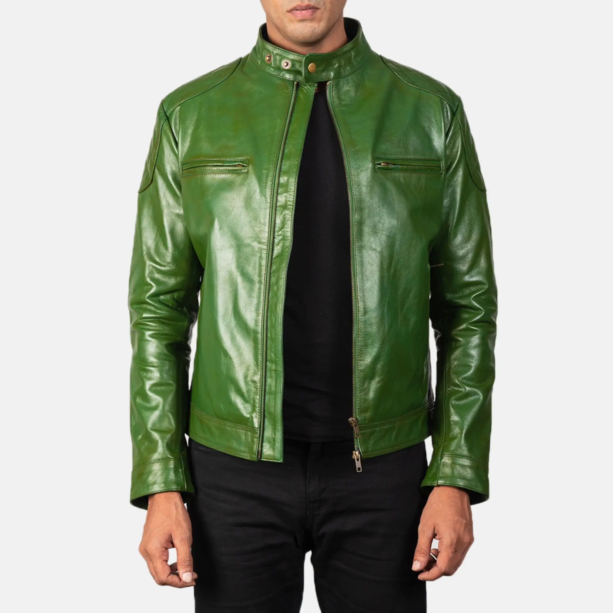 Real Leather Sheepskin Aniline Zipper Gatsby Green  Men Biker Jacket with Quilted Viscose Lining and Inside Outside Pockets