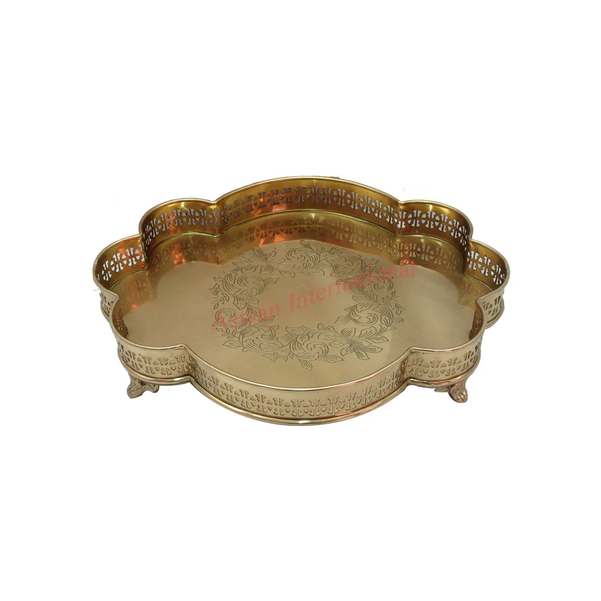 Direct Factory Selling Made In India Brass Antique Etched Serving Tray with Legs Customizable Restaurant and Hotel Supplies