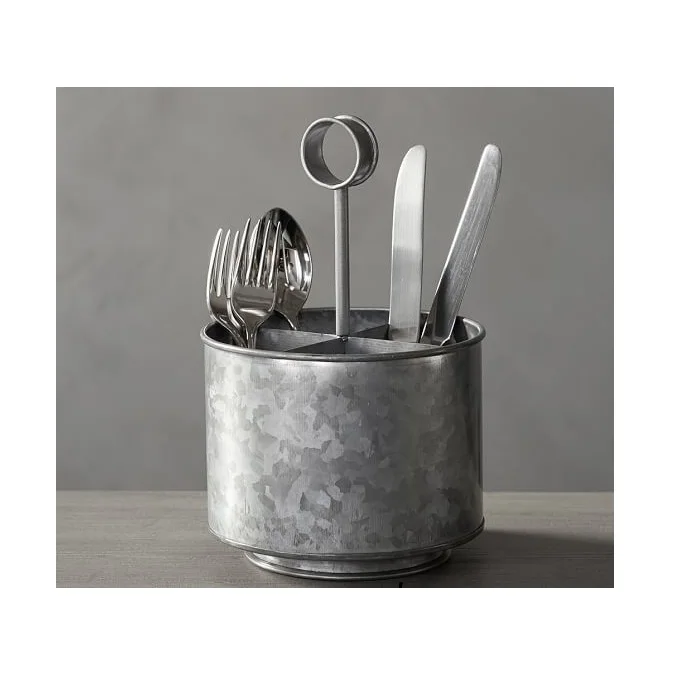 Farmhouse Metal Aluminium Iron & Tin Kitchen Utensil Holder Large For Countertop Spoon Fork Knife Storage Handmade Round Silver