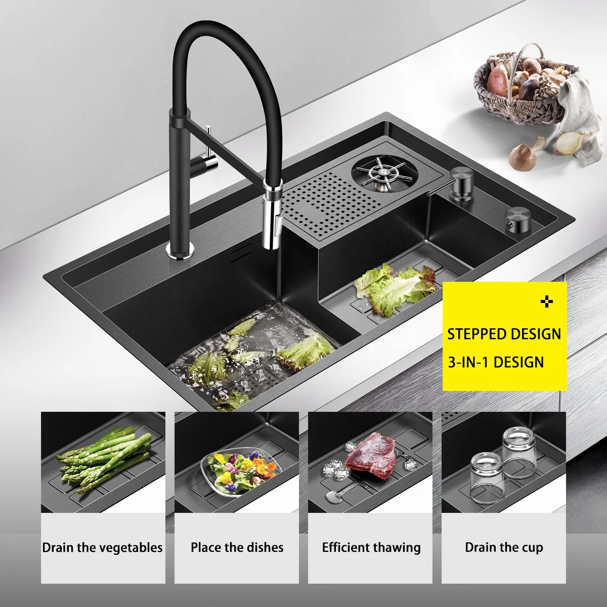 Hot Cold Faucet Drain Auto Single Washing Basin 304 Stainless Steel Cabinet Bar Single Basin Black Nano Step Kitchen Sink