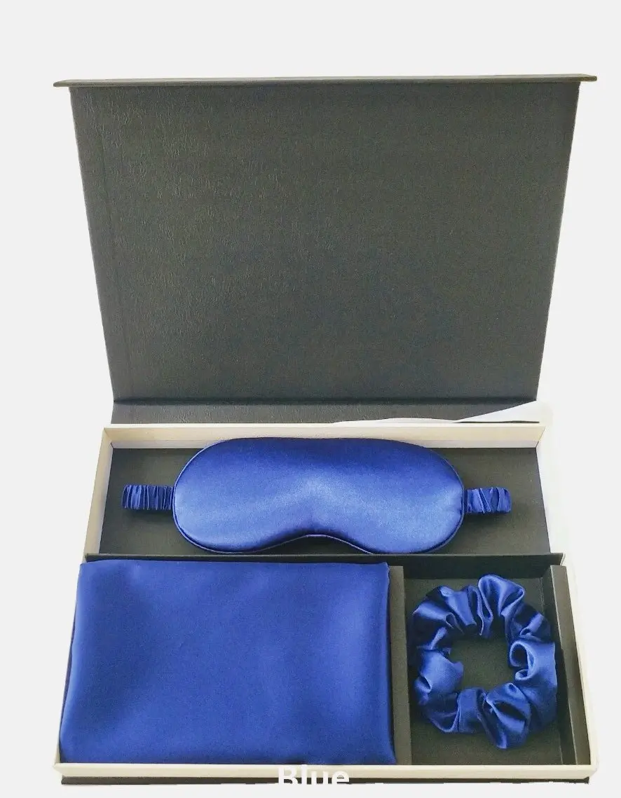 Luxury 100% mulberry silk 22 momme pillowcase, eye mask and scrunchy gift set. Gifts she will love. Skin friendly. Blue