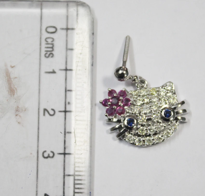 Premium Quality Fine Jewelry Earring with 1.41 ctw Diamond White Gold Ruby Sapphire Hello Kitty Earring for Export Sale