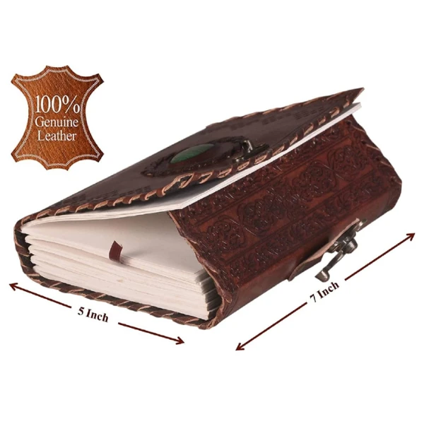 Leather Diary With Antique Stone with Lock Handmade Leather Bound Notepad Journal For Men And Women Unlined Leather Craft