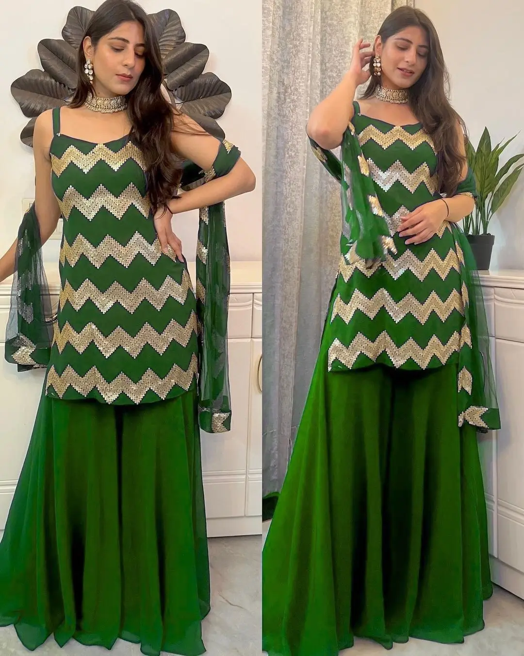 Beautiful Designer Suit  Georgette Febrics With Inner And Sequnce Work And Sharara Also