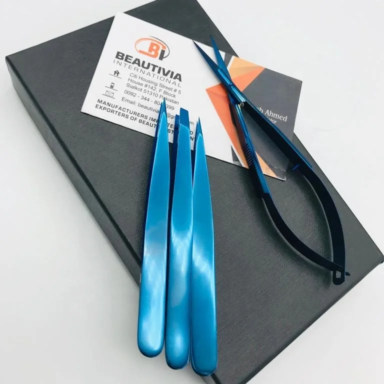 Brow Tweezer Blue Plasma Cosmetic Tweezers Wholesale Stainless Steel Slanted Pointed Eyebrow Tweezers Scissors set
