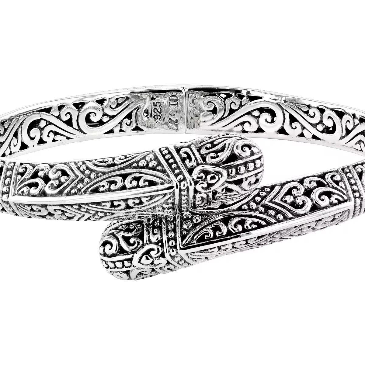 Filigree Bypass Hinged Cuff Bracelet Rhodium Over Sterling Silver | Exquisite Craftsmanship Jewelry | Elegant & Intricate Design