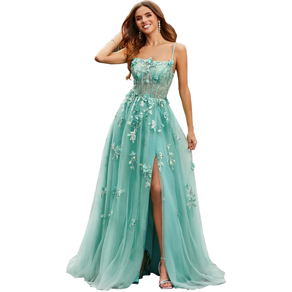 Очаровательный трапециевидный Тюль-корсет вечернее платье на тонких бретельках на шнуровке Длинные разрезные вечерние платья для выпускного вечера с аппликацией