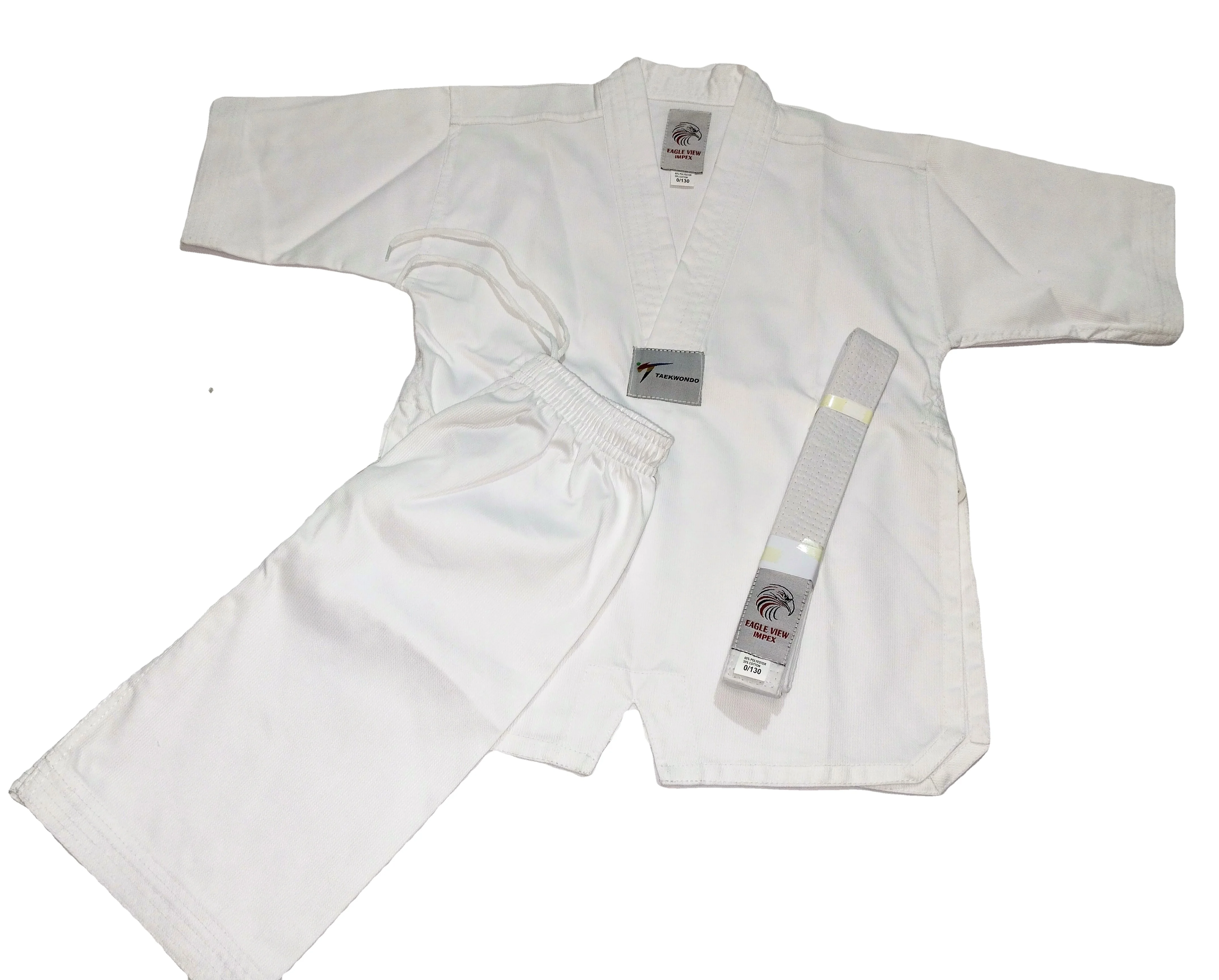 Ribbed Poly Cotton Summer (short-sleeve) White V Neck Taekwondo Uniform with white drawstring Short & Belt