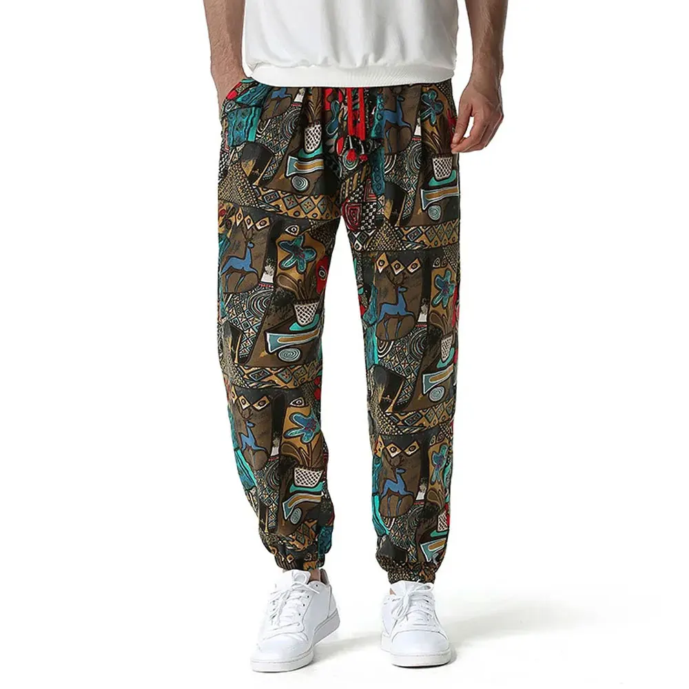 Fashion Traditional Nation Print Cotton Linen Joggers Pants Men Hip Hop Harem Trousers Mens Hippie Casual Streetwear Sweatpants