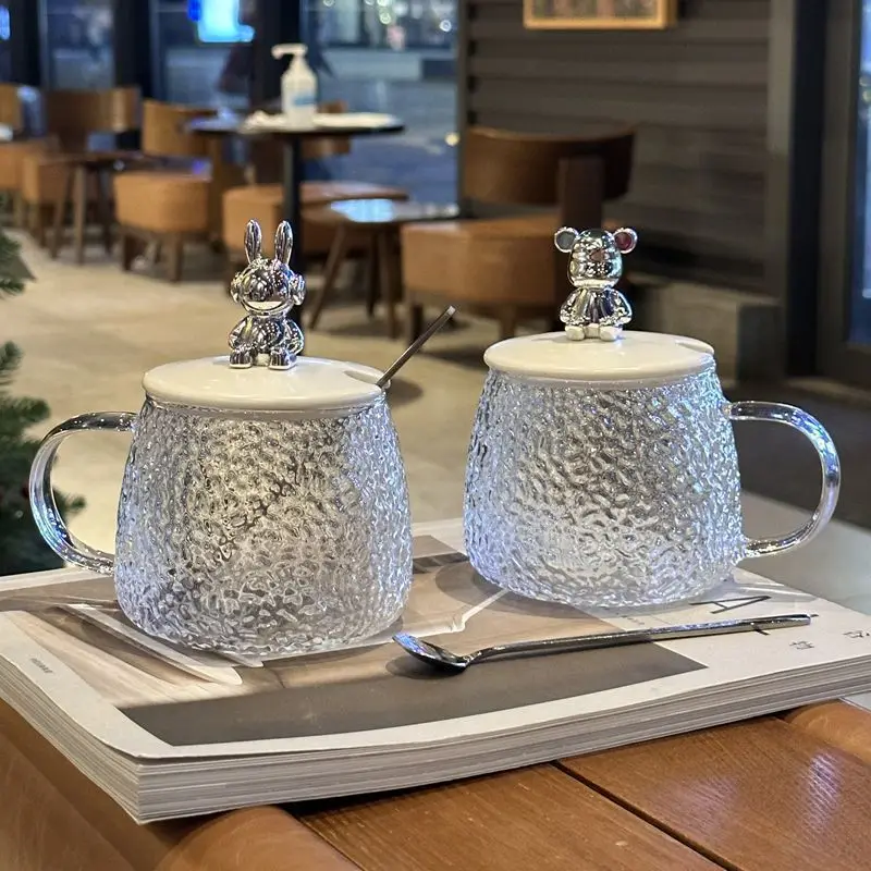 Wholesale 400ml Ins style high beauty mug with lid and spoon glass cup home office coffee cup