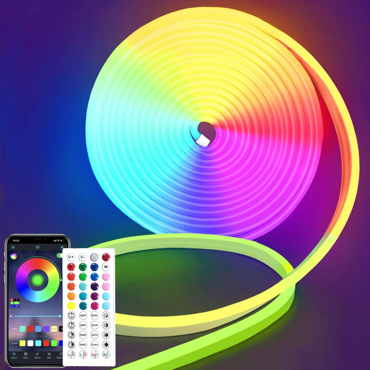 16.4FT LED neon Lights with Remote APP Control IP65 Waterproof Flexible Neon Strip Lights 24V RGB Rope Lights