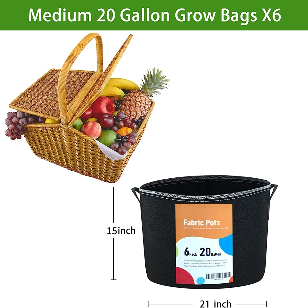Grow Bags 20 Gallon 6 Pack, Fabric Pots for Plants Heavy Duty Thickened Nonwoven with Handles