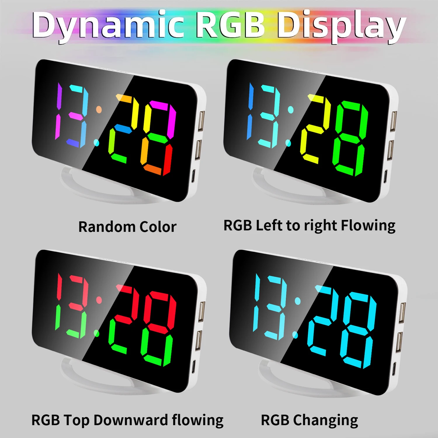 RGB будильник 7-дюймовые цифровые часы с большим дисплеем светодиодные зеркальные 11 цветными режимами 2 порта USB