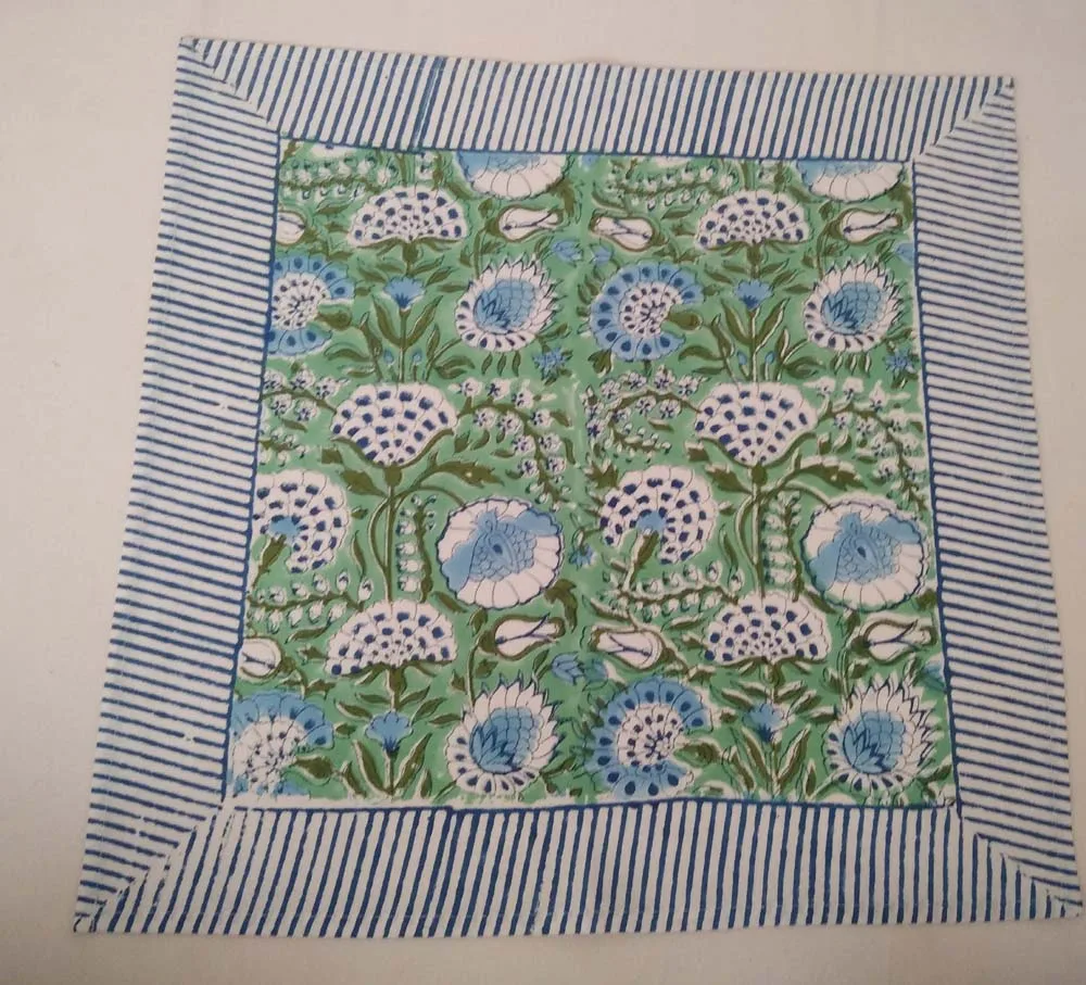 Green Indian Floral Hand Block Printed Cotton Napkins Reusable Garden Inspired Place Mats for Weddings Home Parties Handmade
