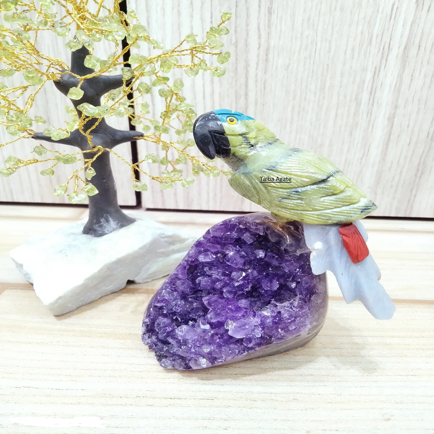 Natural Crystal Serpentine & Angelite carved Parrot Bird on Amethyst Geodes base:agate birds:amethyst cluster:decor:crafts:bird