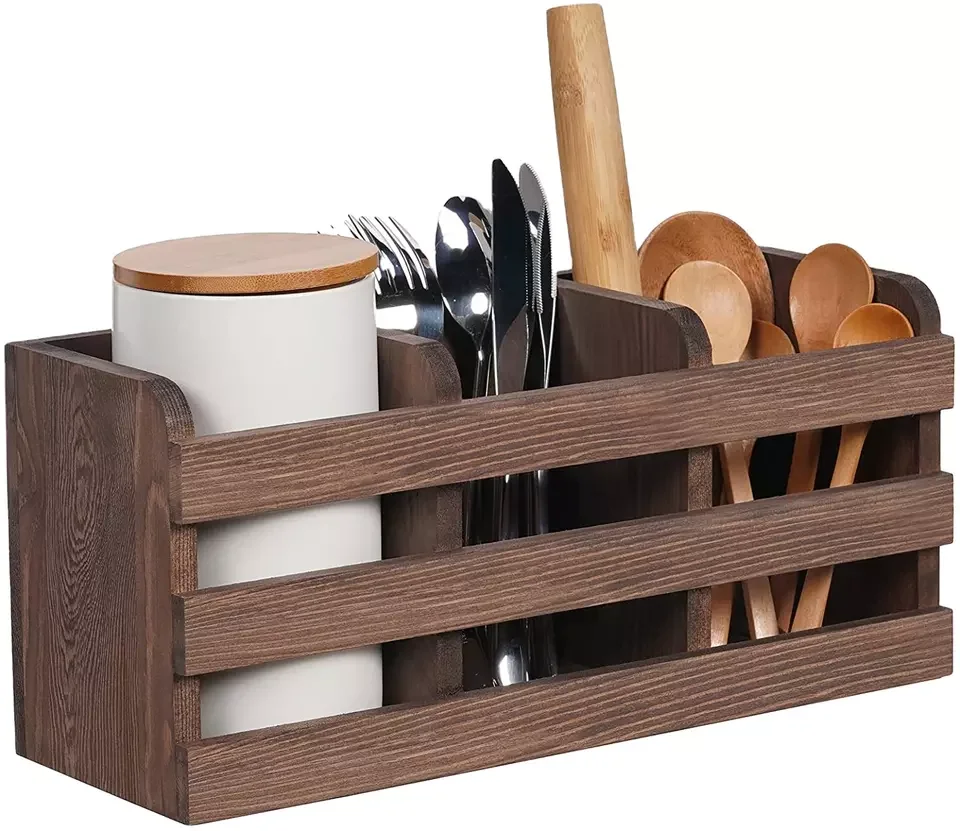 Wall Mounted Kitchen Cooking Utensil Holder Wood Utensil Holder for Countertop acacia wood caddy for sale in good price