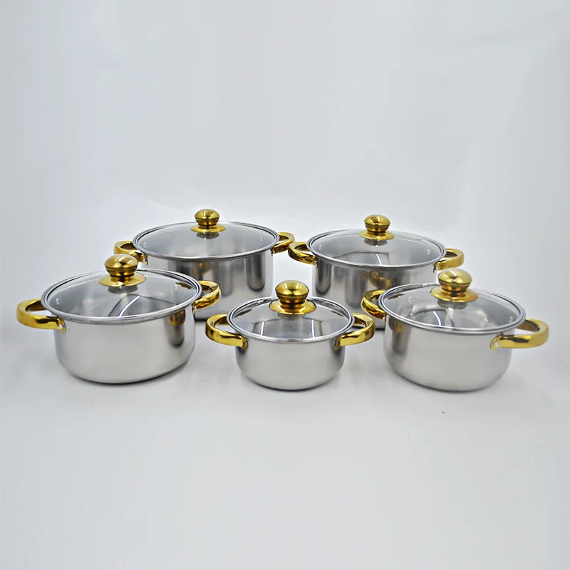 High Quality Cookware Set Stainless Steel Stock Pot Stainless Steel Cooking Pot with Gold Handle Customizable packaging logo