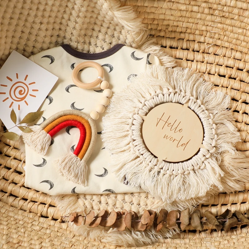 Wooden Milestone Newborn Baby Birth Monthly Wood Milestone Card Tassels Boho Style Newborn Photography Props Set