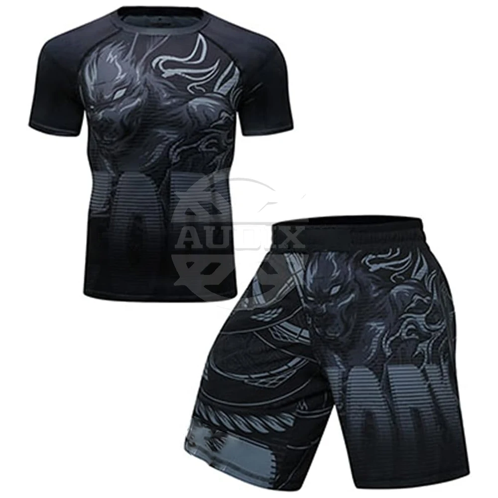 New Arrival MMA Rash Guard Black Color Fighting Boxing Jerseys and Shorts made in best quality