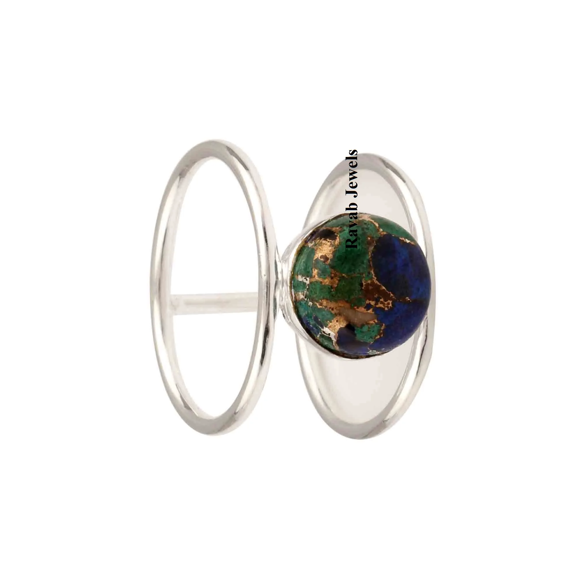 2024 Custom Double Band Sterling Silver Ring 12mm Natural Azurite Malachite Eternity Vermeil Bezel Fine Jewelry Manufacture