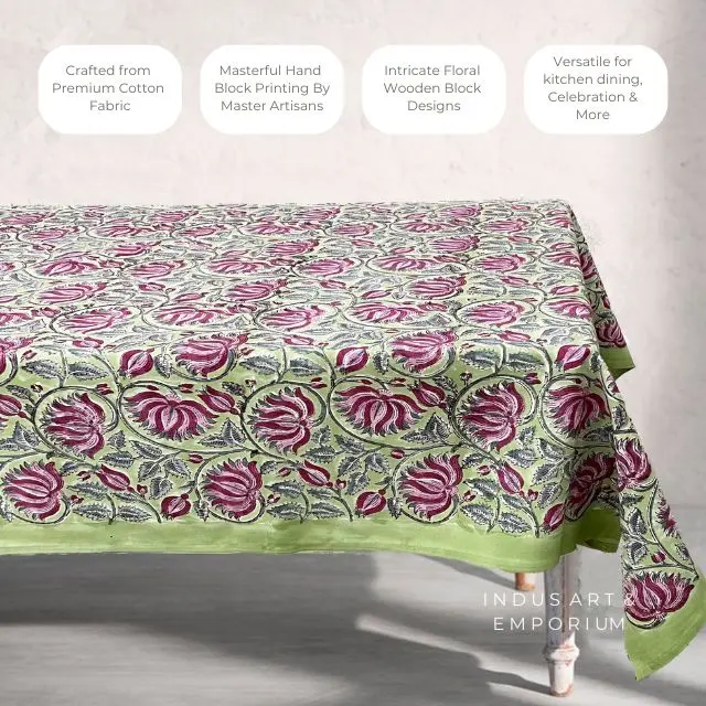 Indian Hand Block Printed Cotton Table Cloth for 6 Seater 8 Seater Dining Table