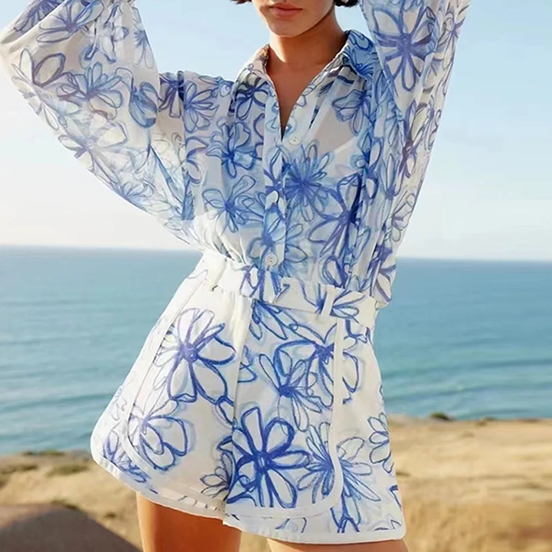 2022 Summer Beach Ropa Dama Resort Style Shirt Top + Printed Sling Shorts Three-Piece Suit Women