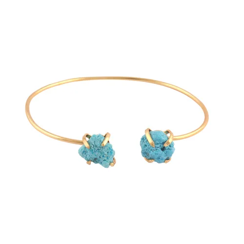 Latest Design Natural Raw Sky Blue Turquoise Double Stone Prong Set Bangle Bracelet Gold Plated Open Cuff Adjustable Bangle Gift