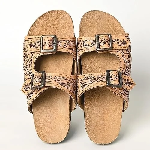 Real Handmade Genuine Women Western Stylish Tooled Leather Casual Outdoor Flipflop Flat Flower Footwear Open  Toe Sandals