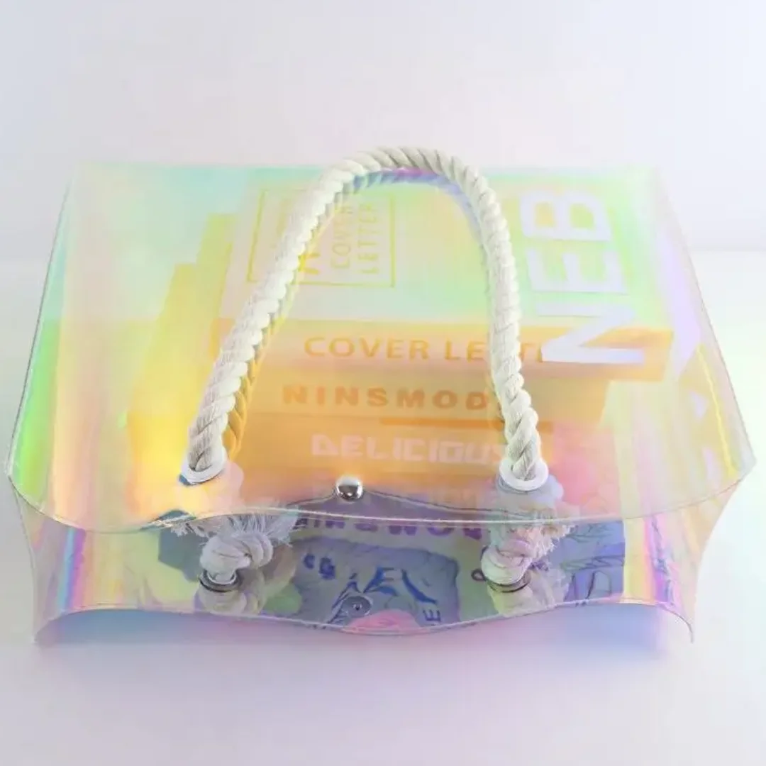 Custom Holographic PVC Shopping Clear Tote Bag Transparent Beach Shopping Bag with Thick Handle Cajas De Carton Casa De Regalo