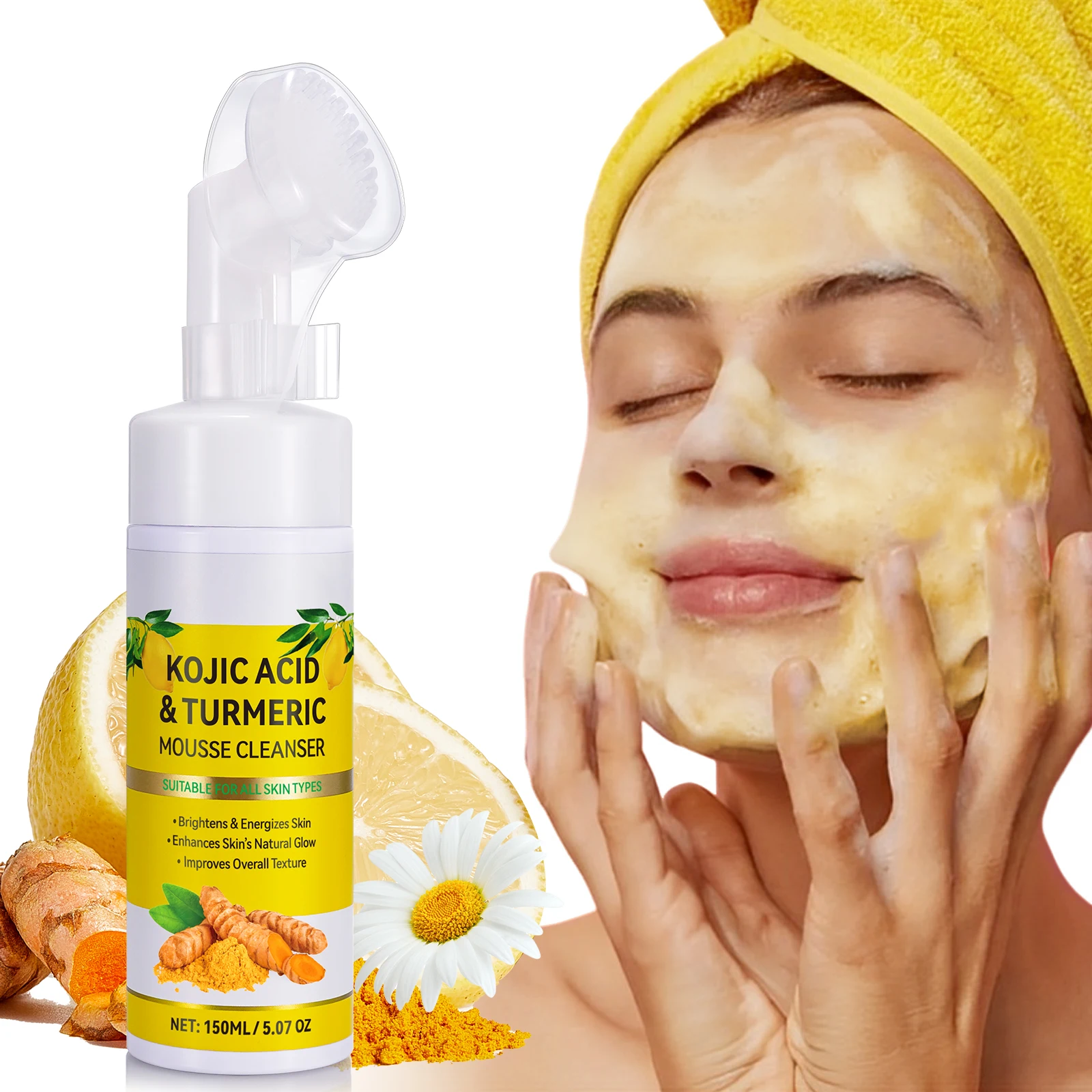 YECUCE 150ml Face Wash Acne Scars Remove Excess Keratin-Deep Clean Pores Kojic Acid Facial Cleanser Turmeric Cleansing Mousse