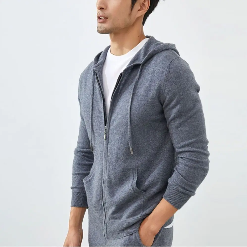 Custom Logo Men Zip Up Hoodies Sweatshirts Hooded Sweater Cardigan Trendy Knit Organic Cashmere Sweaters