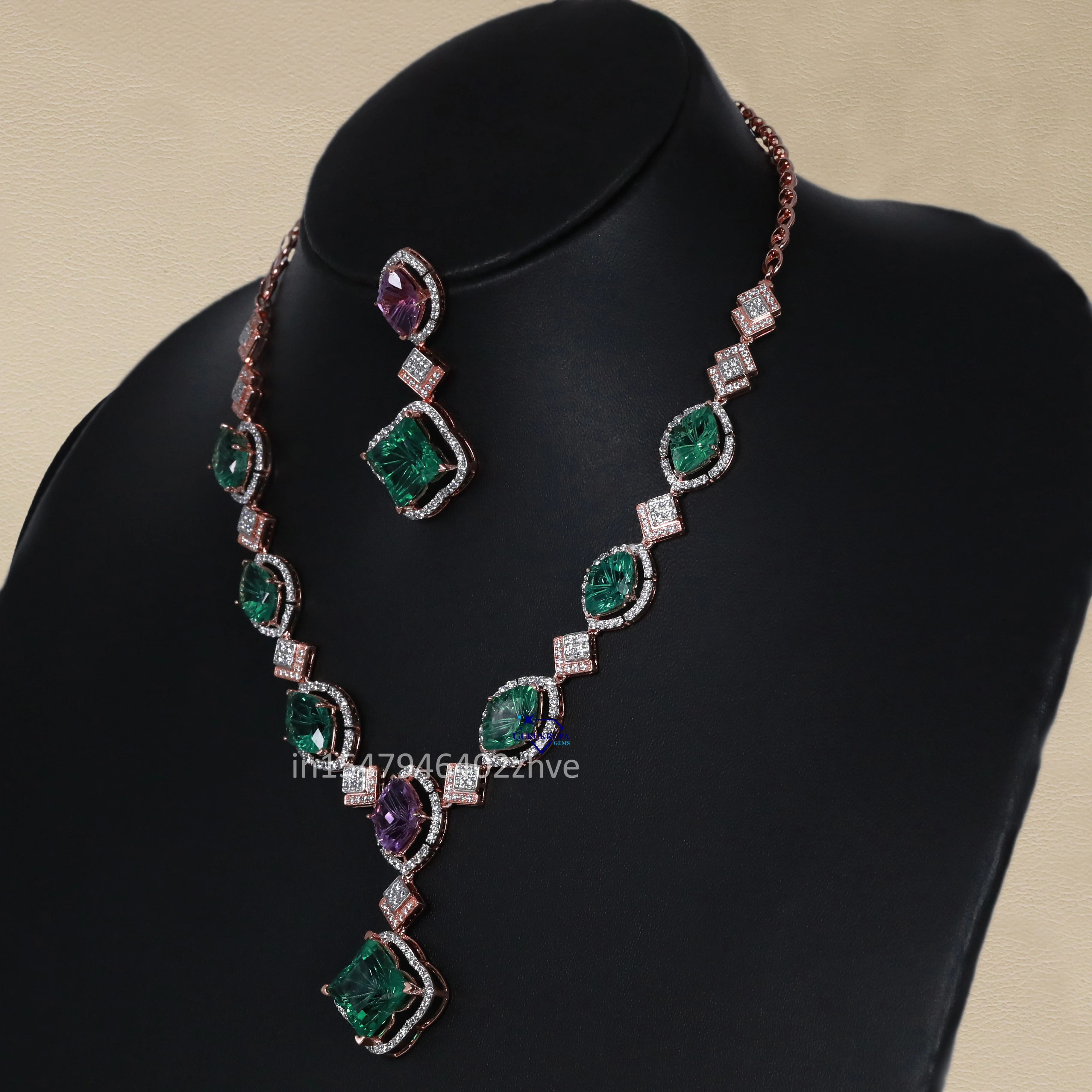 Radiate your elegance with stunning 925 sterling silver lab grown diamond with green and purple gemstone necklace set for women