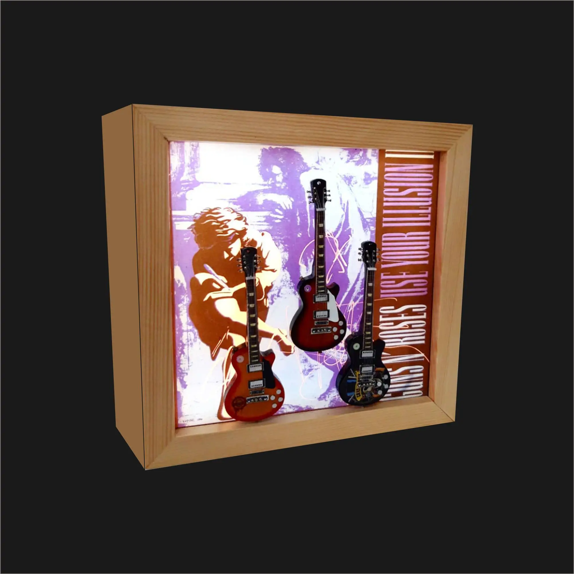 Wooden Display Shadow Box frame Custom with electric light lamp and acrylic picture design Handmade Craft musical instrument