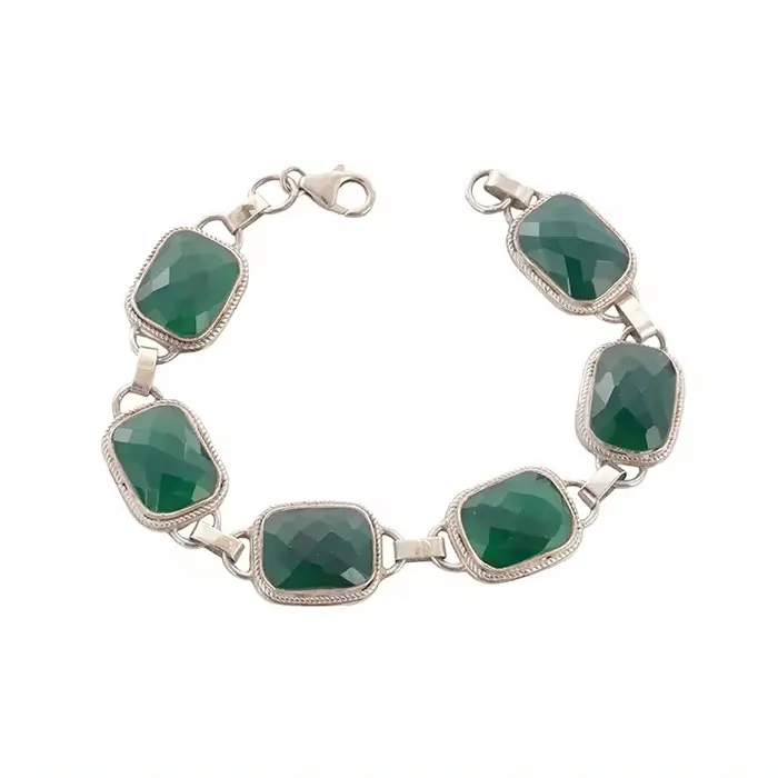 New Fashion Design 92.5 Pure Silver Bracelet Set with Beautiful Green Agate Gemstone